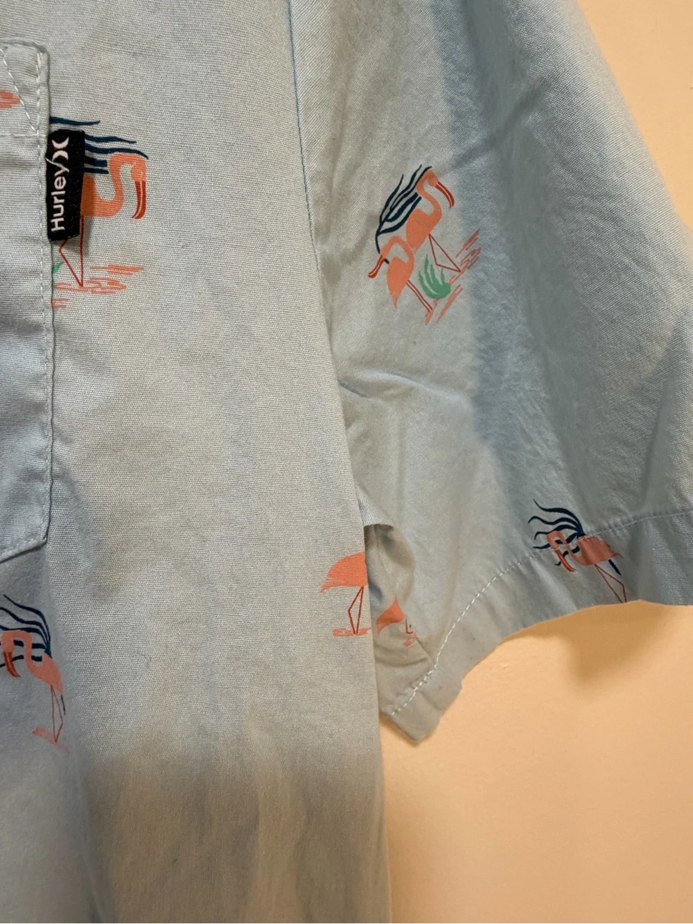 Hurley boys Light Blue Short Sleeve Button-Up Shirt with Orange Flamingo Print